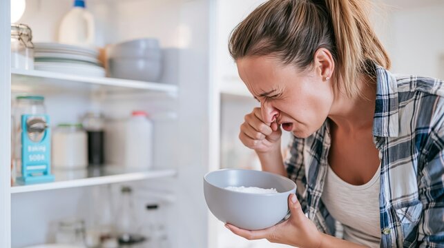Woman pinching her nose and holding a bowl of baking soda beside an open refrigerator, reacting to a lingering odor in the kitchen