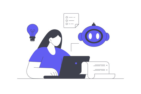 Assistant Copywriter AI Content Generation and Smart Writing Creator. Female Specialist Working on Laptop near AI Bot Assistant Lightbulb Idea and Document Paper. Flat Cartoon Vector Illustration web
