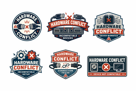 Hardware conflict warning badges and incompatible device labels featuring USB connectors, computer components, driver errors and failed connections for technical troubleshooting concepts