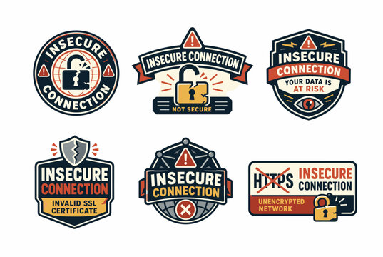Insecure connection and website security warning badge set featuring broken padlocks, invalid SSL certificates, HTTPS errors and unsafe network symbols for cybersecurity concepts