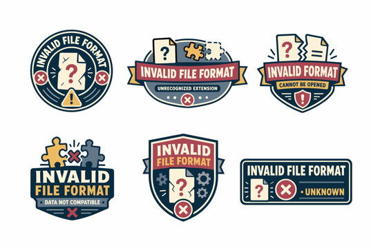 Invalid file format and unrecognized extension badge set with damaged documents, mismatched puzzle pieces, warning signs and unknown file error labels for software problems