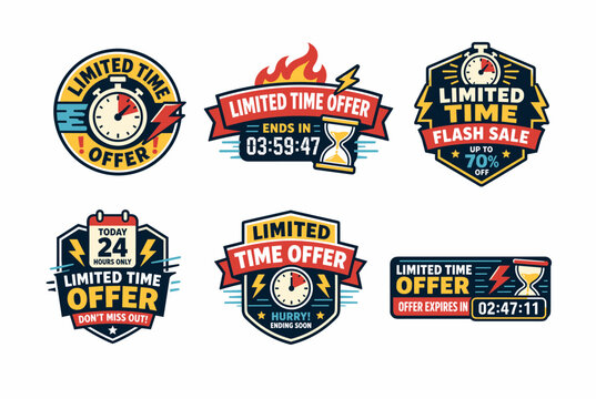 Limited time flash sale promotional badge set featuring countdown timers, seventy percent discounts, 24 hour offers, lightning bolts and urgent shopping banners for advertising