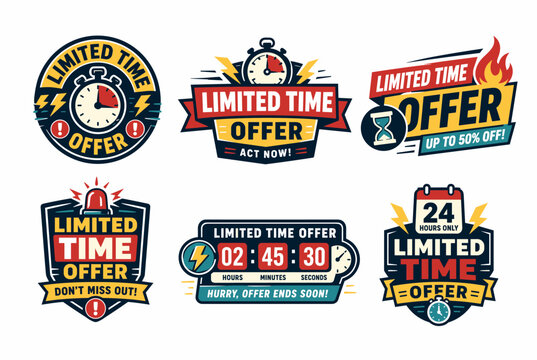 Limited time offer promotional badge collection with countdown clocks, stopwatch, hourglass, discount banners and urgent shopping slogans for retail sales and marketing campaigns