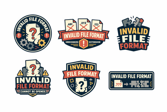 Invalid file format and unsupported document warning badge collection featuring unknown extensions, broken files, puzzle pieces, gears and error symbols for software compatibility