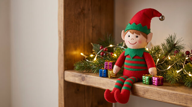 Smiling plush elf rests atop wooden bookshelf shelf next to tiny wrapped presents. Stuffed elf toy brings cozy holiday cheer while surrounded by evergreen boughs with glowing string lights.