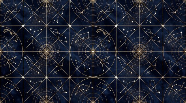 Astrology chart pattern with golden constellations and celestial navigation compass lines on dark