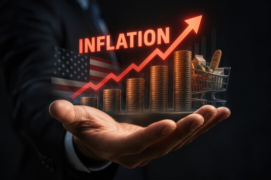 Businessman's hand presenting rising US inflation concept with stacked coin bars, American flag, shopping cart and upward red arrow indicating consumer price surge and economic pressure