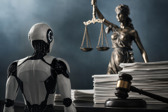 Autonomous robot facing scales of justice and stacked legal files with gavel on desk symbolizing AI underregulation legal risk policy debate and ethics