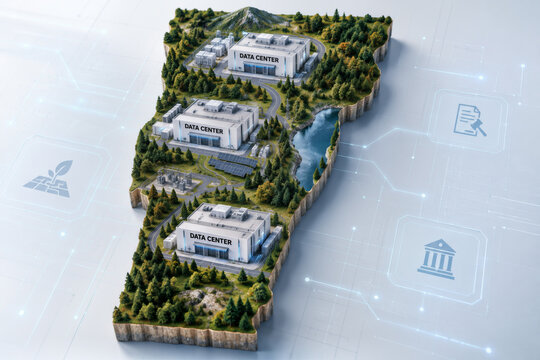 Vermont isometric map diorama with multiple labeled data centers on a tech development plinth illustrating land use regulation and state legislation impacts for planning