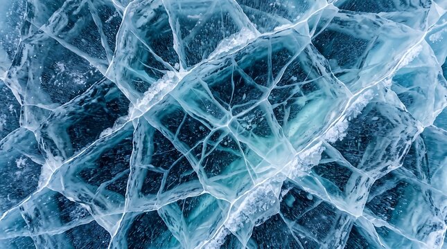 Cracked blue ice texture with deep fissures and geometric fractures across frozen lake surface