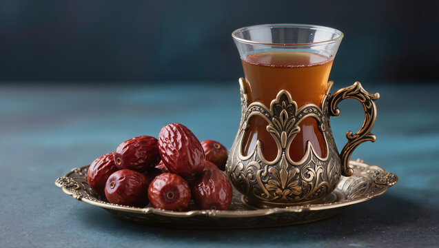Ramadan dates and hot tea in ornate golden cup on decorative tray for Iftar meal during holy month on dark blue background