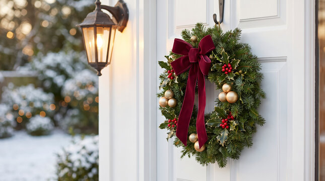 Festive holiday wreath decorates white house entrance with traditional winter elegance. Conifer circle features rich velvet bow, shining golden spheres, red berries beside glowing porch light.