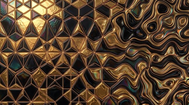 Geometric triangle grid transitioning into liquid gold waves texture with dark metallic surfaces