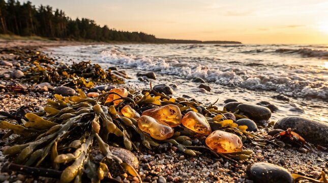 Raw Baltic Amber Stones Resting in Seaweed on Rocky Coastline
