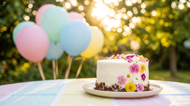 Floral decorated cake stands prepared for outdoor birthday celebration. Sweet baked dessert offers festive look beside colorful balloons in sunlit garden setting filled with happy mood.