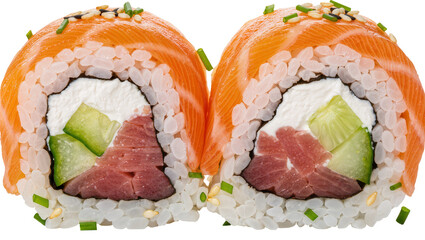 Two salmon and tuna sushi rolls with cream cheese and cucumber, isolated on transparent background © Igor