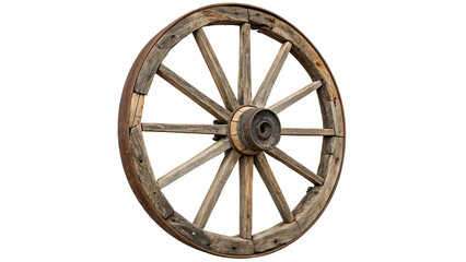 Antique rustic wooden wagon wheel traditional vintage carriage design element isolated on transparent background. © Oliver
