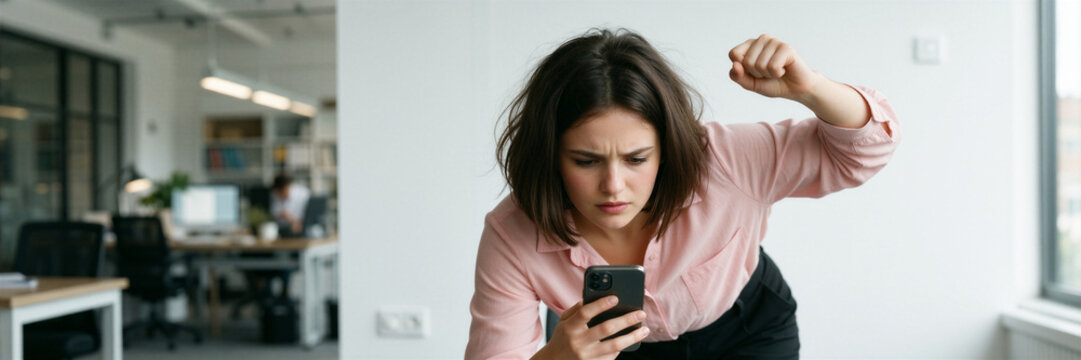 Young girl frowns at phone in modern office, exasperated and frustrated, against a blurred background of desks and shelving.