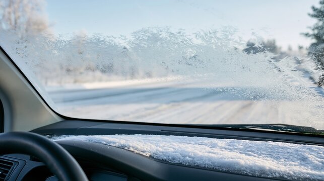 Car windshield covered in frost and ice crystals, obscuring a snow covered road, with loose snow covering the dashboard