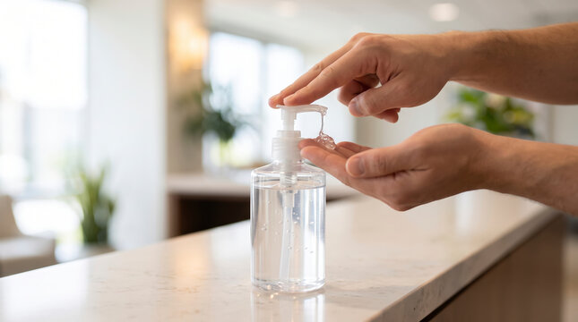 Person dispenses sanitizing gel onto open hand from clear pump bottle. Focused hand hygiene routine supports daily wellness, cleanliness, and disease prevention inside bright modern clinic.