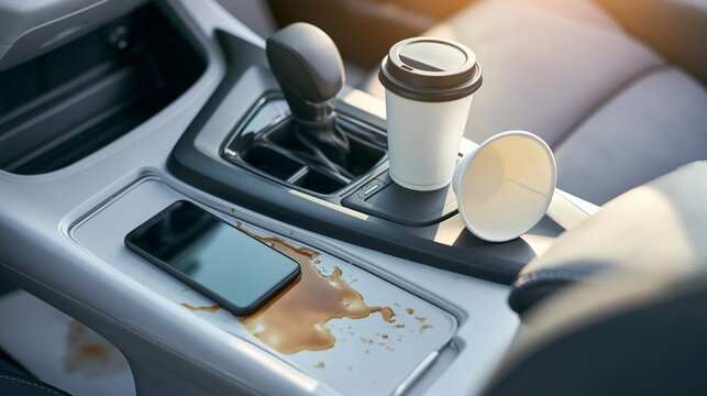 Coffee spill spreading across a car console, staining the tray beside a smartphone and takeaway cup after a driving mishap
