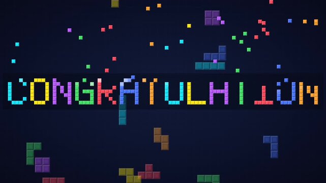 Retro 8-Bit Arcade Game Victory Screen Displaying CONGRATULATION Text Made of Colorful Pixel Puzzle Blocks with Falling Tetromino Shapes. Level Complete, Video Game Achievement, and Nostalgic Gaming C