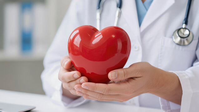 Medical doctor holds glossy red heart model carefully at consultation desk. Healthcare professional wearing stethoscope conveys caring dedication toward cardiology healthcare service.