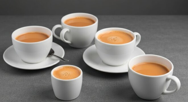 Five Cups of Coffee Arranged on a Gray Surface.