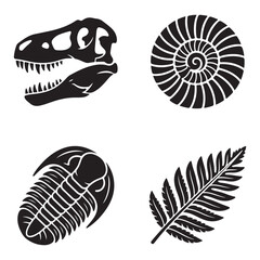 Set of black vector icons with dinosaur skull ammonite trilobite and fern leaf fossils © Zulfa