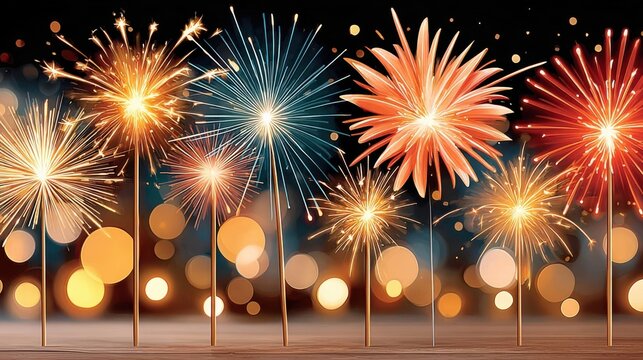 Sparklers burning on wooden surface with golden bokeh background creating festive atmosphere for celebration events