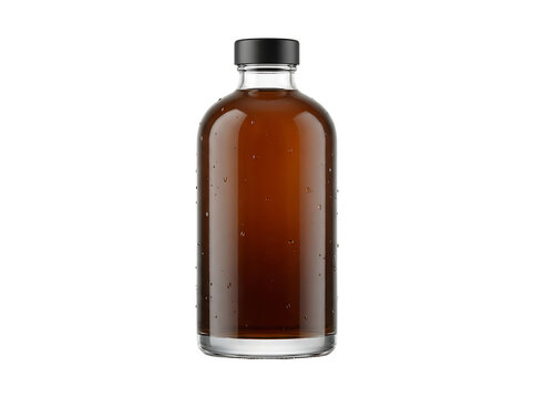 Realistic glass bottle filled with dark amber liquid isolated on transparent background