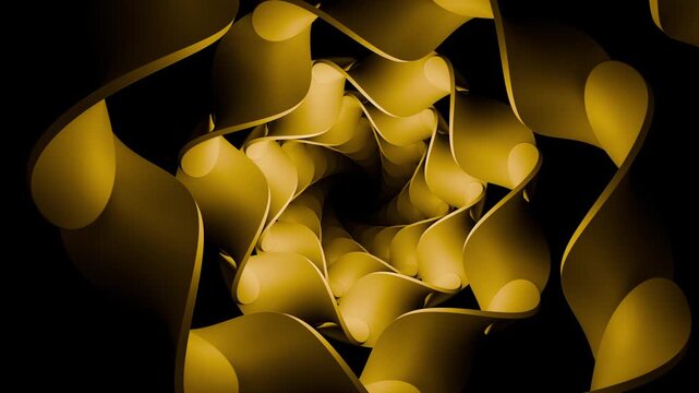 Yellow spiral tunnel featuring twisting and curling 3D shapes with soft light and dramatic shadows. Dark elegant animation for luxury backgrounds and abstract digital art. Seamless VJ loop , 4K 60fps
