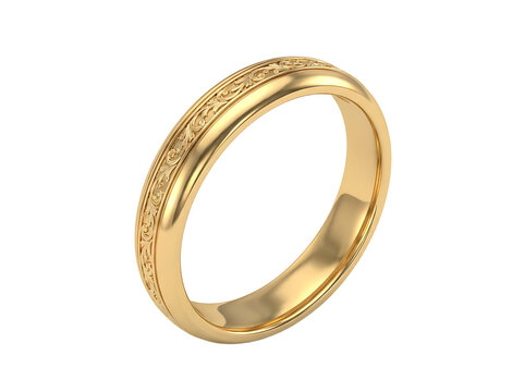 Golden wedding band with ornate floral engraving isolated on transparent background