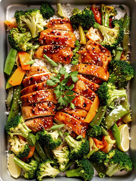 A tray of sliced teriyaki chicken with broccoli, snap peas, carrots, and rice, garnished with sesame seeds and parsley.
