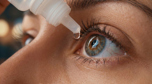 Young woman applies soothing eye drops into open hazel eye from small dropper bottle. Patient receives liquid eye care treatment, finding gentle relief from dryness during macro portrait.