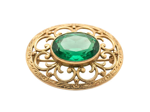 Vintage emerald and gold brooch jewelry isolated on transparent background