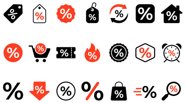 Promotion Icons Set, Percent Discount and Sale Symbols Collection, Percentage Vector Set