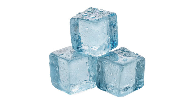 Pyramid stack of four transparent clear blue square ice cubes elements isolated on transparent background.