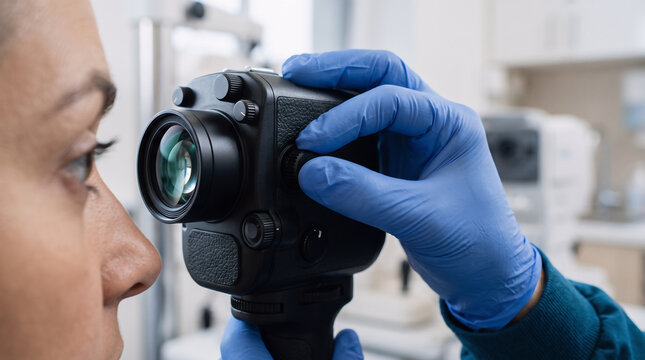 premium extreme close-up of a healthcare professional positioning a portable retinal imaging camera in front of a patient's eye during a diabetic retinopathy screening in ophthalmology clinic