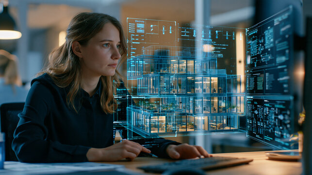 Female technology engineer analyzing an AI-powered smart building