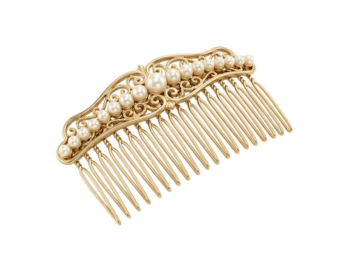 Golden hair comb with pearls isolated on transparent background