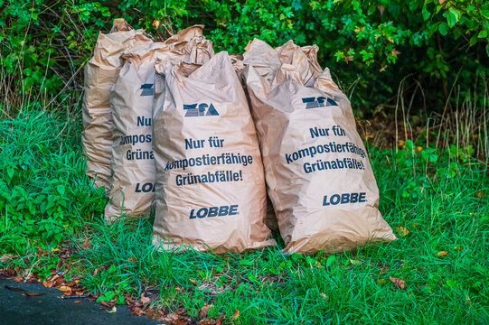 Iserlohn, Germany - October 08, 2026: Paper bags for compostable green waste from Lobbe placed beside roadside vegetation for collection