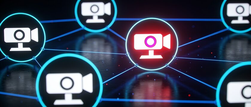 Modern digital network connecting video cameras and streaming devices with futuristic interface