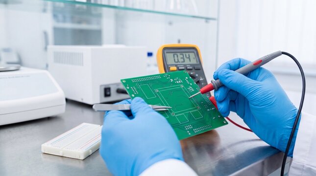 Hands in blue gloves testing green circuit board with digital multimeter in laboratory, generative AI