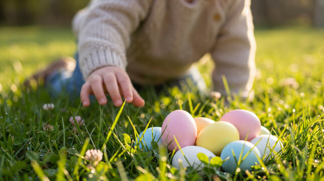 Pastel easter eggs sit among dewy blades as playful toddler approaches during sunny easter egg hunt. Crawling child extends curious hand toward seasonal treasures scattered across meadow lawn.