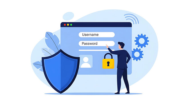 A professional businessman interacting with a digital login portal to illustrate cybersecurity, data protection, and user account authentication