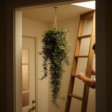 christmas hanging plant on ladder in doorway