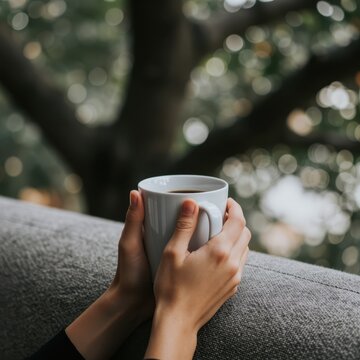 hands holding a mug of coffee on a cozy couch with festive christmas lights in the background