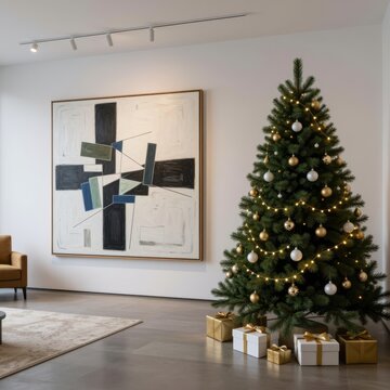 luxury christmas tree with gold and white ornaments, wrapped gifts on floor, modern minimalist living room with abstract art