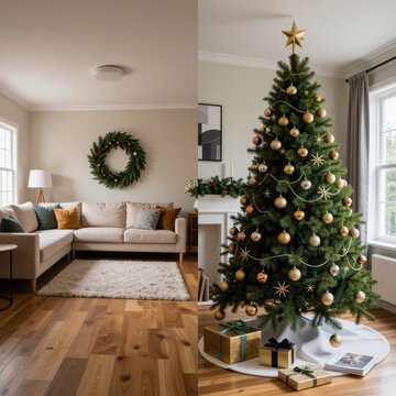 christmas living room with cozy sofa and festive tree